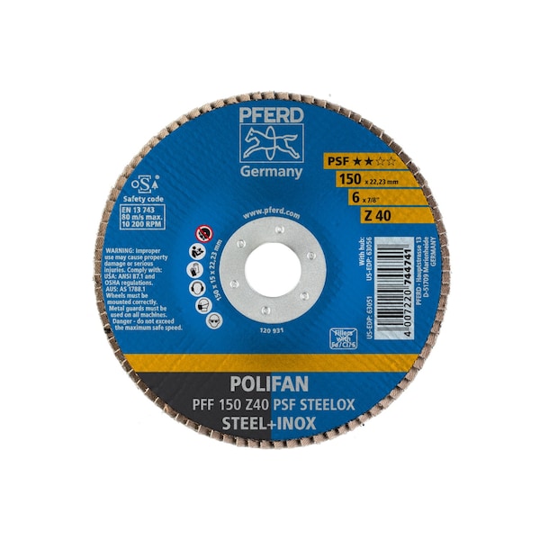 Disco de láminas POLIFAN® Pferd 6" x 7/8" A.H. - Z PSF STEELOX, Zirconia, 40 Granos, Plano - 63051.