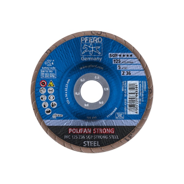 Disco de láminas POLIFAN® de Pferd 5" x 7/8" A.H. - Z SGP STRONG STEEL, Zirconia, 36 Granos, Cónico - 62955