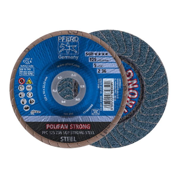 Disco de láminas POLIFAN® de Pferd 5" x 7/8" A.H. - Z SGP STRONG STEEL, Zirconia, 36 Granos, Cónico - 62955