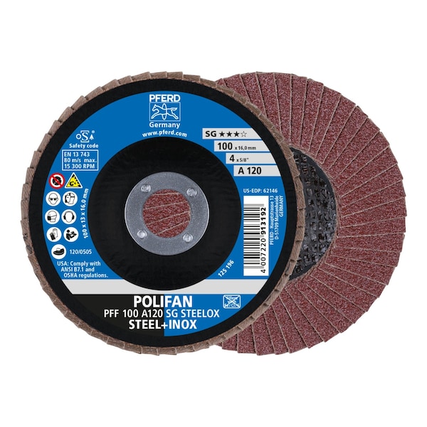 Disco de aletas Pferd 4 x 5/8" A.H. POLIFAN® - A SG STEELOX, Óxido de aluminio, 120 granos, Plano - 62146.