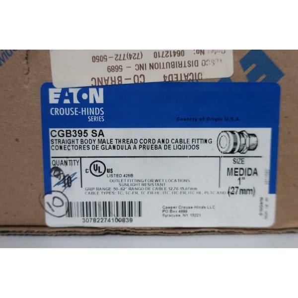 Crouse Hinds Box Of 10 Straight Body Male Cord/Cable 1in Conduit Fitting - CGB395 SA