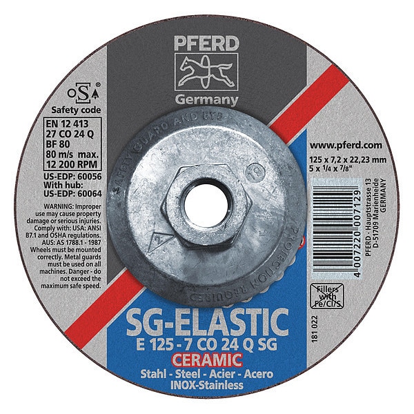 Rueda de esmerilado Pferd de 5" x 1/4, 5/8-11 Thd. - CERAMIC SGP STEELOX - Tipo 27 - 60064