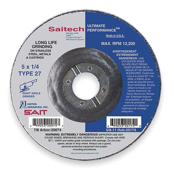 Rueda de desbaste de centro deprimido United Abrasives/Sait, 27, 9" de diámetro, 1/4" de espesor, tamaño de agujero de eje de 7/8", Cerámica - 20094