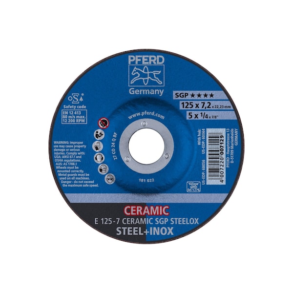 Rueda de esmerilado Pferd 5" x 1/4, 7/8" A.H. - CERÁMICA SGP STEELOX - Tipo 27 - 60056