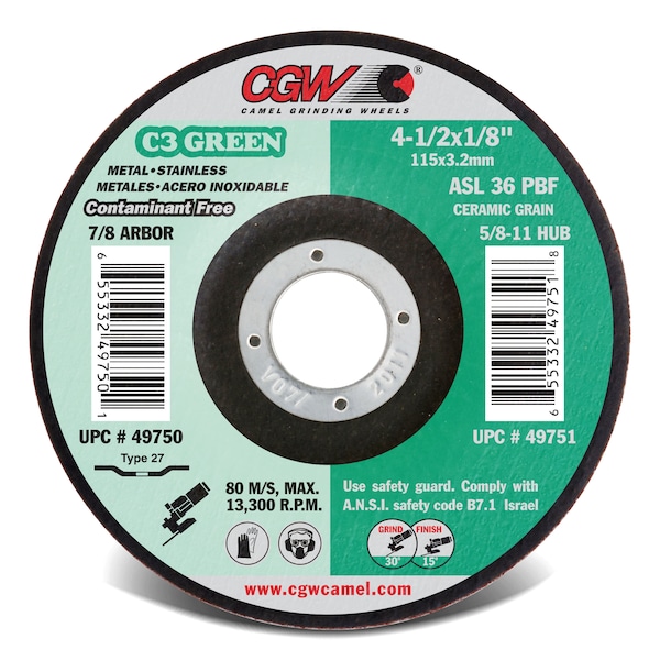 Rueda de Centro deprimido para abrasivos Cgw, 4.5x1/8x7/8, C3 VER - 49750
