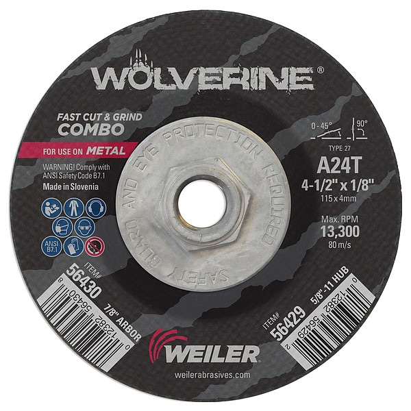 Weiler 4-1/2"x1/8" Wolverine Tipo 27 Rueda combinada de corte/esmerilado A24T 5/8"-11 Tuerca - 56429