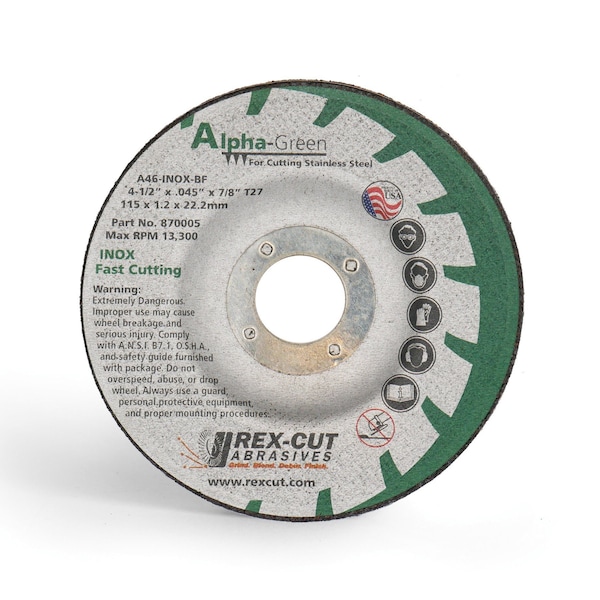 Rueda de corte Rex Cut Alpha Green de 4 1/2 pulgadas x .040 x 7/8 T27 Alpha Green - 870004