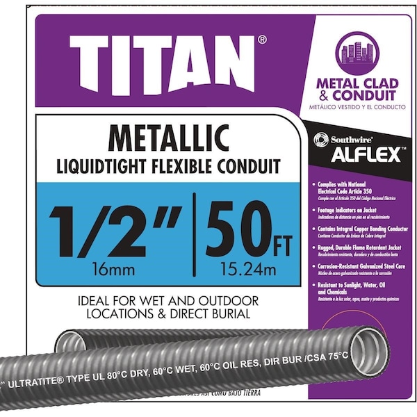 Southwire Flexible Metallic Conduit, 1/2 in Trade Size, 50 ft, Unfinished - 55082622