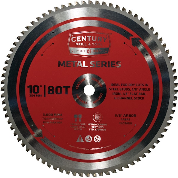 Century Drill & Tool Circular Saw Blade 10" 80T 5/8" Arbor Metal Cutting Thin Kerf Blade - 10210