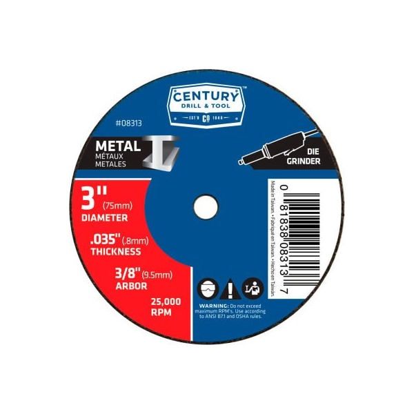 Rueda de corte Century Drill 0 de 3" x 3/8" de óxido de aluminio - 8313