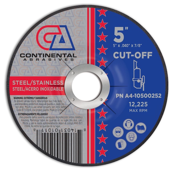 Rueda de corte delgada Premium Continental Abrasives de 5" x .040" x 7/8" con centro deprimido T27 - A4-10500252