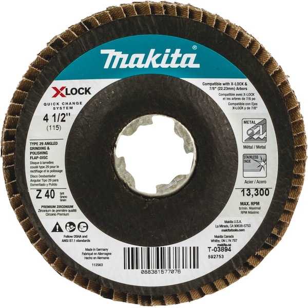 Makita X-LOCK Disco de Solapa Tipo 29 de 4 1/2", 40 Granos - T-03894