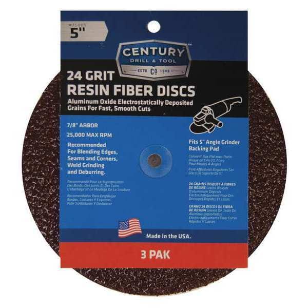 Disco de fibra de resina para taladro y herramienta Century, 5in., 24 granos, paquete de 3 - 75005.