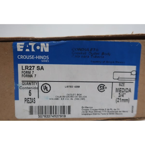 Crouse Hinds Aluminum Lr 3/4In Conduit Outlet Bodies And Box, 5PK - LR27 SA