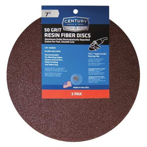 Disco de fibra de resina Century Drill & Tool, 7 pulgadas, 50 granos, paquete de 3 - 75302
