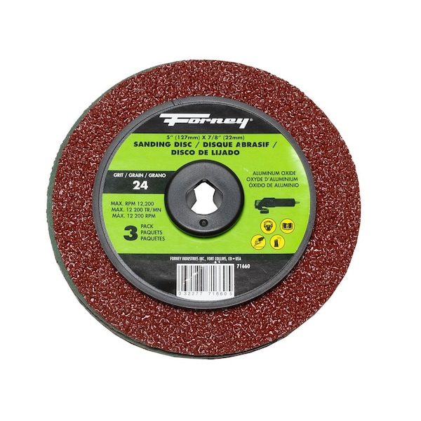 Disco de lija de fibra de resina Forney, Óxido de Aluminio, 5 pulgadas x 7/8 pulgadas de arbusto, 24 Granos - 71660