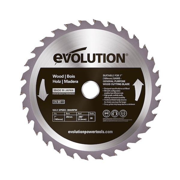Evolution 7" 30T, 25/32" Arbor, Tungsten Carbide Tipped, Standard Course-Cutting Rip Blade For Wood - 180BLADEWD