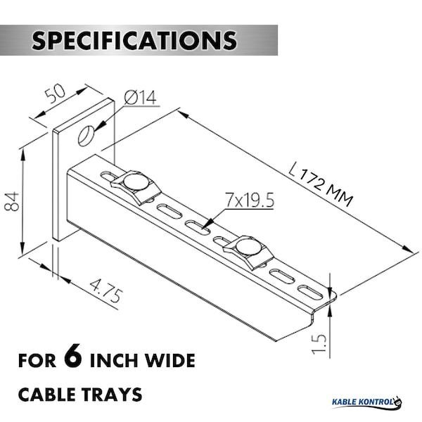 Kable Kontrol Reinforced Wall Support Bracket, 6in W, 304 Stainless Steel - KK-RFB-6-304SS