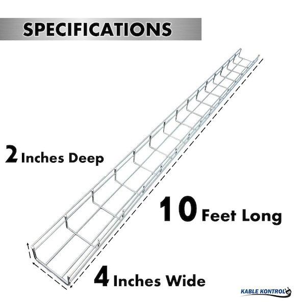 Kable Kontrol Wire Mesh Cable Tray Straight Section, 304 Stainless Steel, 4in W x 2in D x 9.83ft L - KK-4X2X10-304SS