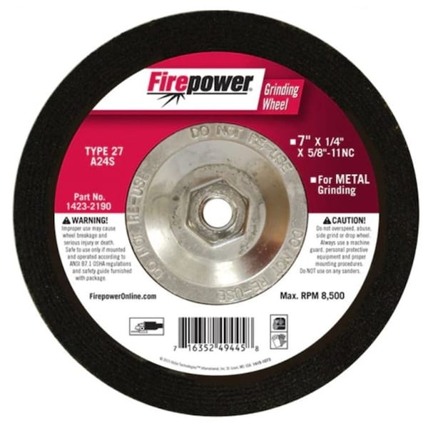 Muelas de rectificado con centro deprimido Firepower, Tipo, 7 pulgadas x 1/4 pulgada x 5/8 pulgada -11Nc - FPW1423-2190