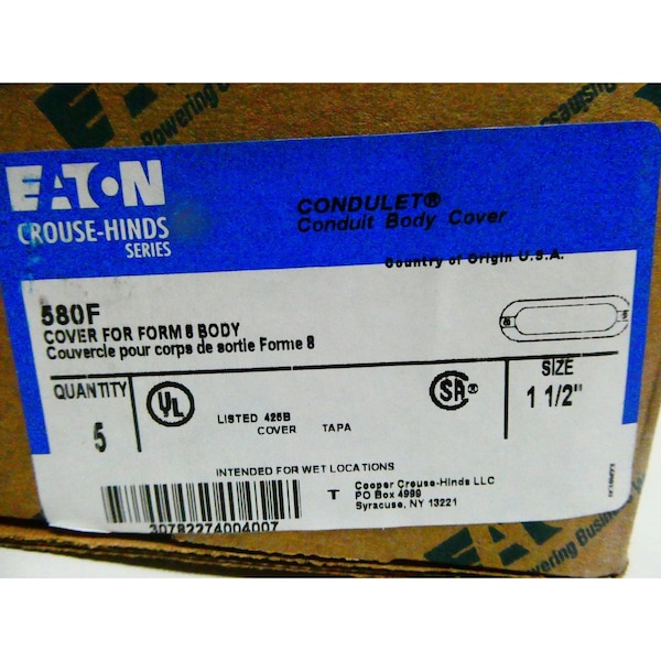 Crouse Hinds BOX OF 5 COVER 1-1/2IN CONDUIT OUTLET BODIES AND BOX, 5PK - 580F