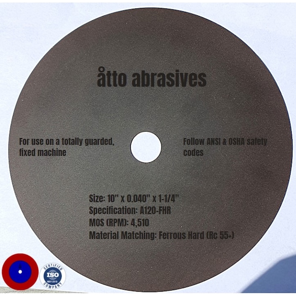 Ruedas de seccionamiento ultra delgadas para abrasivos Atto 10"x0.040"x1-1/4" Ferrosas Duras Rc 55+ - 3W250-100-SH