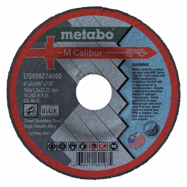 Rueda de corte Metabo, T27, CA46U, 6"X0.045"X7/8" - US616274000.