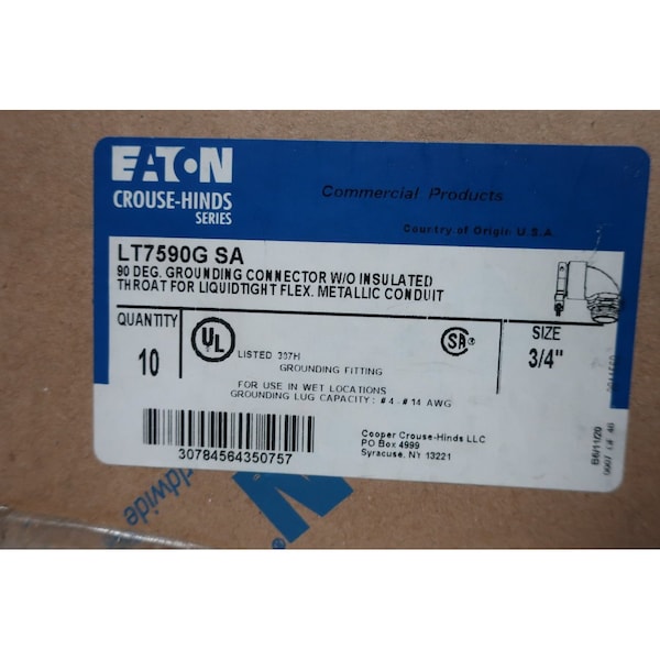 Crouse Hinds Conduit Fitting Connector, 3/4 in, Liquid-Tight, Aluminum - LT7590G SA