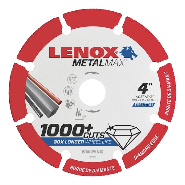 Rueda de corte de diamante de 4"X3/8" para la amoladora de matrices Metal Max de Irwin Lenox - LEX1972919