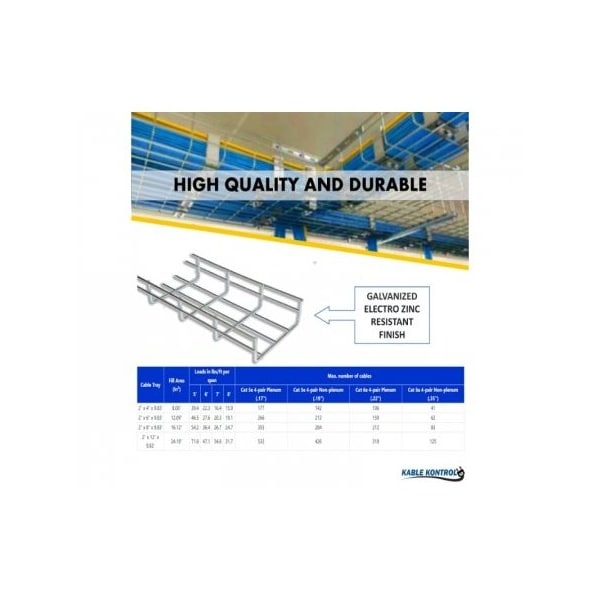 Kable Kontrol Wire Mesh Cable Tray Straight Section, Electro-Zinc Resistant Steel, 12in W x 4in D x 5ft L, Chrome - KK-12X4X5-EZ