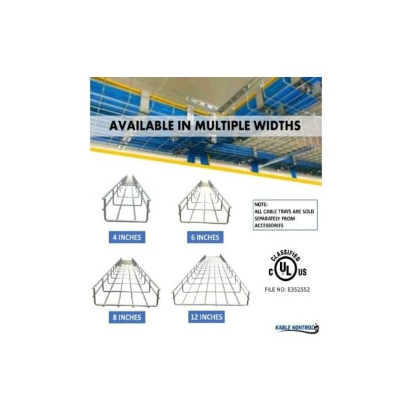 Kable Kontrol Wire Mesh Cable Tray Straight Section, Electro-Zinc Resistant Steel, 12in W x 4in D x 5ft L, Chrome - KK-12X4X5-EZ