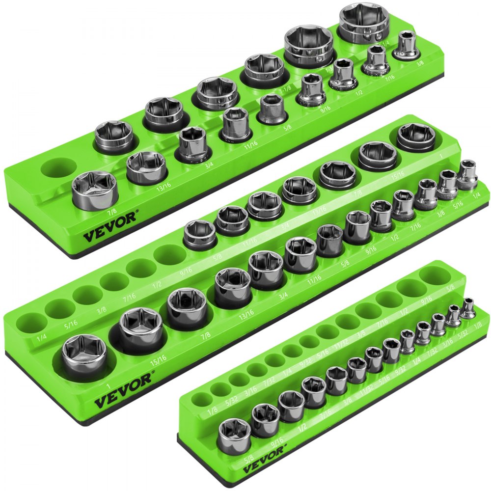 VEVOR 3-Pack SAE Magnetic Socket Organizers, 1/2-inch, 3/8-inch, 1/4-inch Drive Socket Holders Hold 68 Sockets, Green Tool Box Organizer for Sockets Storage - GJJLSJTBDDWC3M5Y6V0