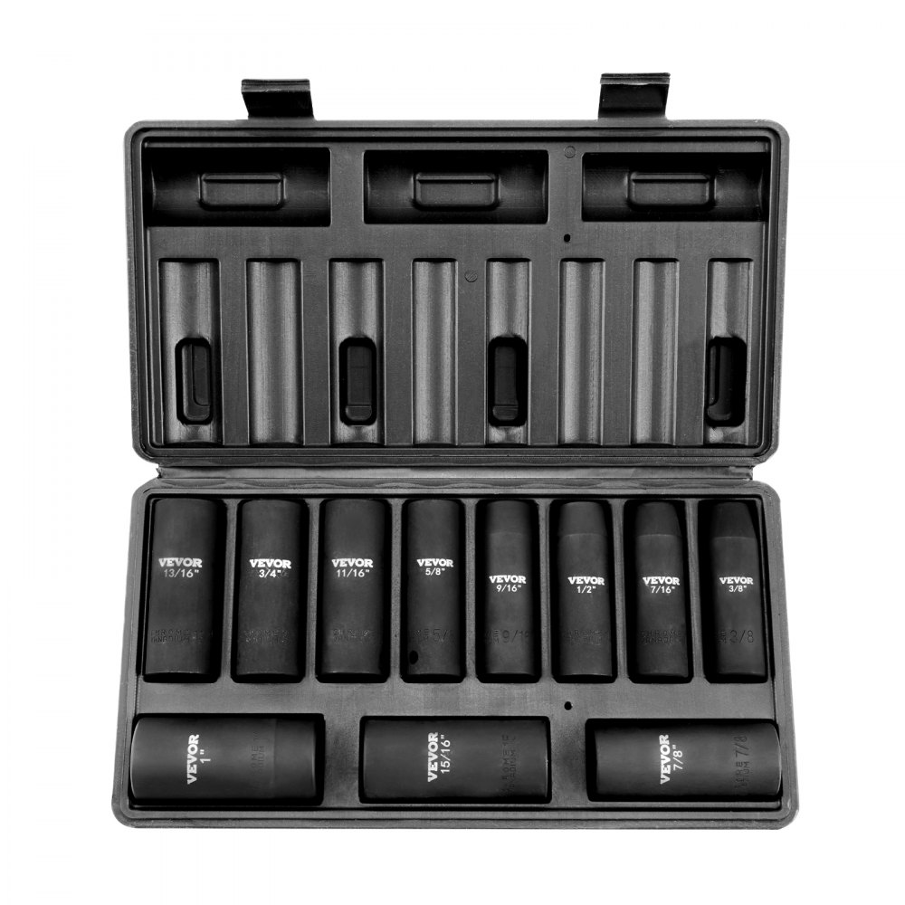 VEVOR 1/2" Drive Impact Socket Set, 11 Piece Deep Socket Set SAE 3/8"-1", 6 Point CR-V Alloy Steel for Auto Repair, Easy-to-Read Size Markings, Rugged Construction, Includes Storage Case - CJT12SAECRV11JO1IV0