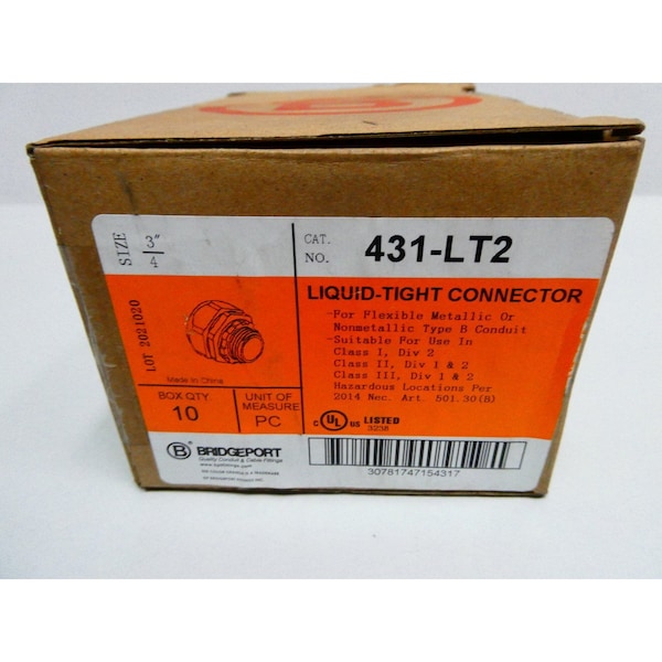 Bridgeport Fittings Conduit Fitting Connector, 3/4 in, Liquid-Tight, Die Cast Zinc, Smooth - 431-LT2