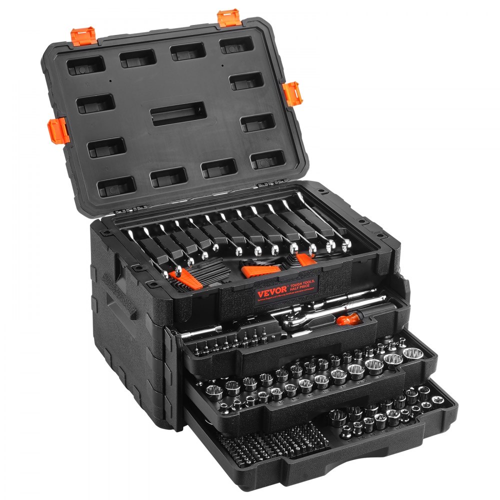 VEVOR Mechanics Tool Set and Socket Set, 1/4" 3/8" 1/2" Drive Deep and Standard Sockets, 450 Pcs SAE and Metric Mechanic Tool Kit with Bits, Hex Wrenches, Combination Wrench, Accessories, Storage Case - JXGJ143812SAEFGIHV0