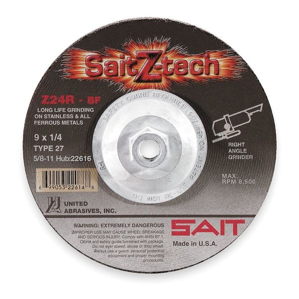 United Abrasives/Sait Rueda de rectificado de centro deprimido, 27, 5" de diámetro, 1/4" de grosor, tamaño de agujero de eje de 7/8", Alúmina de Zirconia - 22602