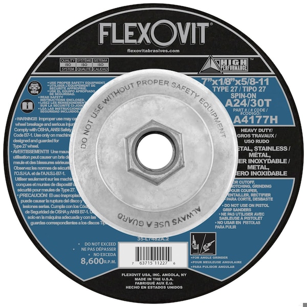 Rueda de centro deprimido pesada Flexovit HP, 7 pulgadas de diámetro x 1/8 pulgadas de grueso, grano A24T, abrasivo de óxido de aluminio - A4177H