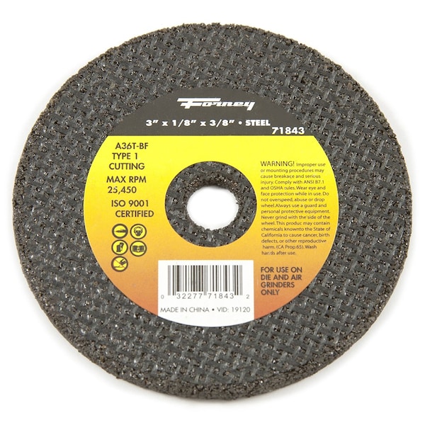 Rueda de corte Forney, metal, Tipo 1, 3 pulgadas x 1/8 pulgadas x 3/8 pulgadas - 71843
