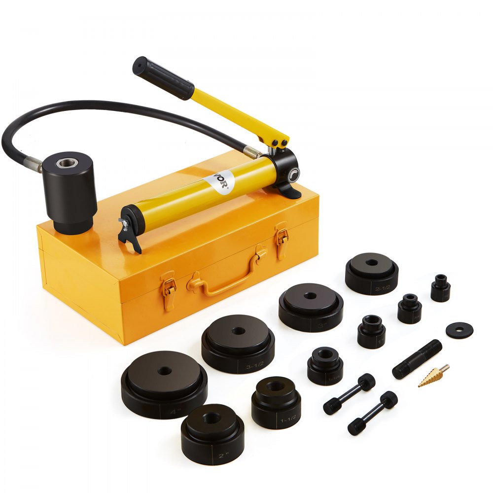 VEVOR Hydraulic Knockout Punch Kit, 15 Ton 1/2" to 4" Conduit Hole Cutter Set, KO Tool Kits with Puncher 10 Piece, Metal Sheet Driver Tools, For Aluminum, Brass, Stainless Steel, Fiberglass and Plasti - SD15T240CR2MM8SYBV0