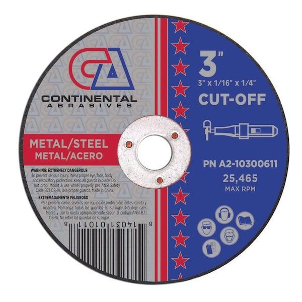 Rueda de corte de pequeño diámetro Continental Abrasives 3" x 1/16" x 1/4" Signature T1 - A2-10300611