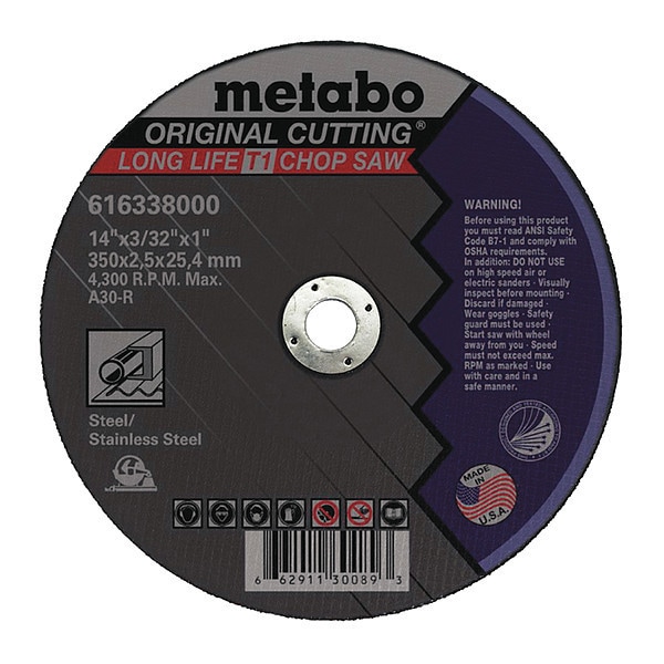 Rueda de corte Metabo, T1, A24N, 12"X1/8"X20mm - US616136000.