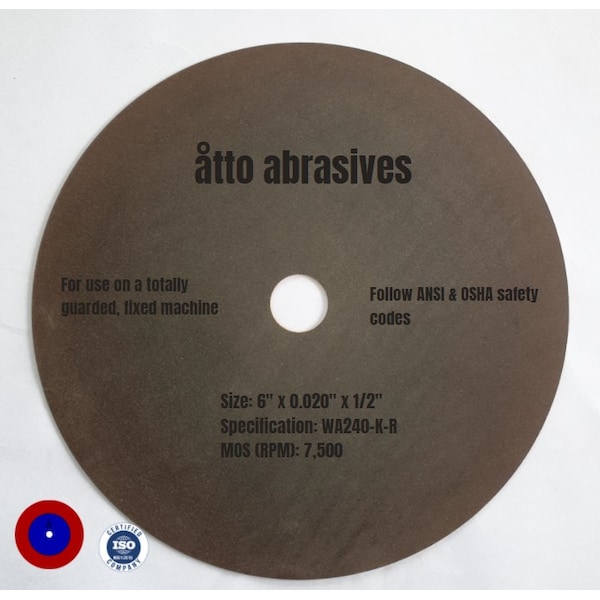 Ruedas de corte sin refuerzo de 6" x 0.020" x 1/2" Atto Abrasives con adhesivo de goma - 3W150-050-PD