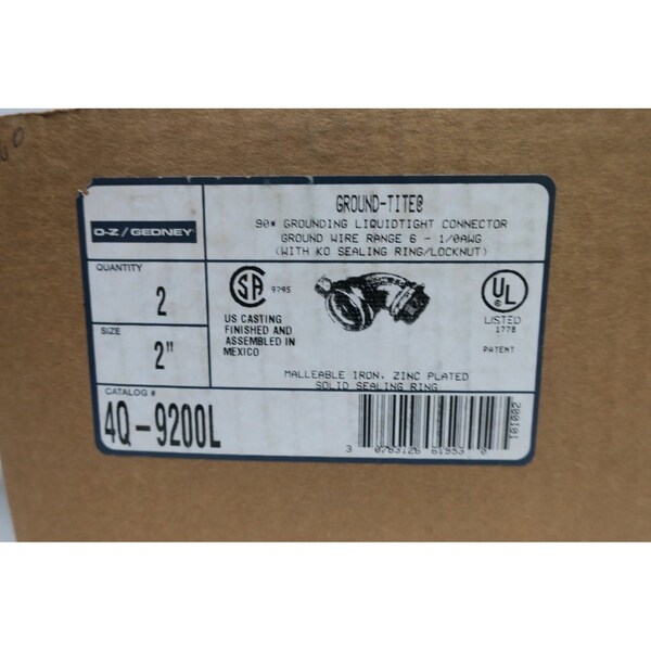 O-Z/Gedney Conduit Fitting Connector, Liquid-Tight, Zinc Plated - 4Q-9200L