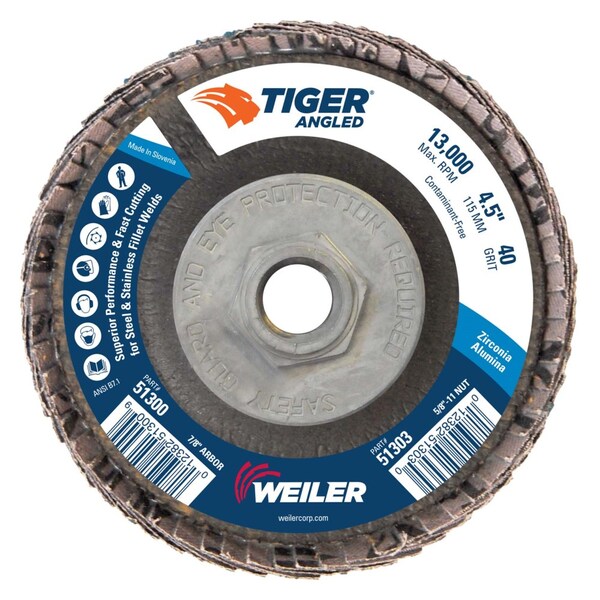 Weiler 4-1/2 Tiger Angled (Radial) Zirc Flap Disc 40Z 5/8-11 Nut - 51303