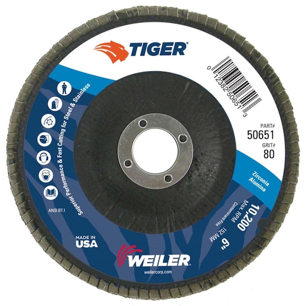 Disco abrasivo de láminas con forma cónica (TY29), 80Z, 7/8", de Weiler de 6" - 50651