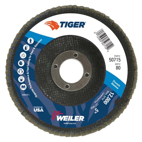 Disco abrasivo de aletas planas Weiler 5" Tiger Disc, TY27, 80Z, 7/8" - 50715