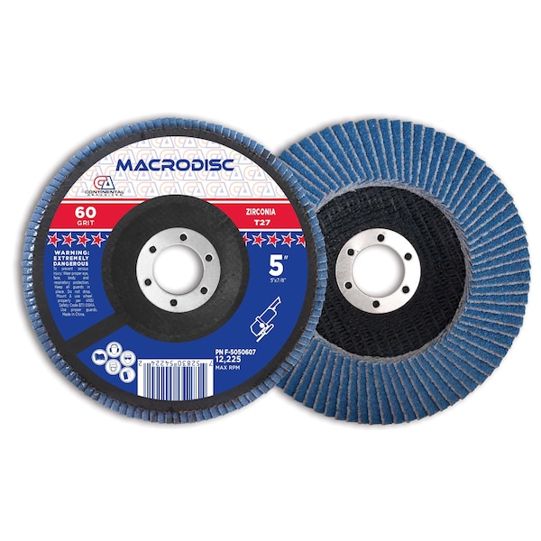 Disco de aletas estándar de óxido de circonio Continental Abrasives de 5" x 7/8" y grano 60 Grit T27 - F-5050607
