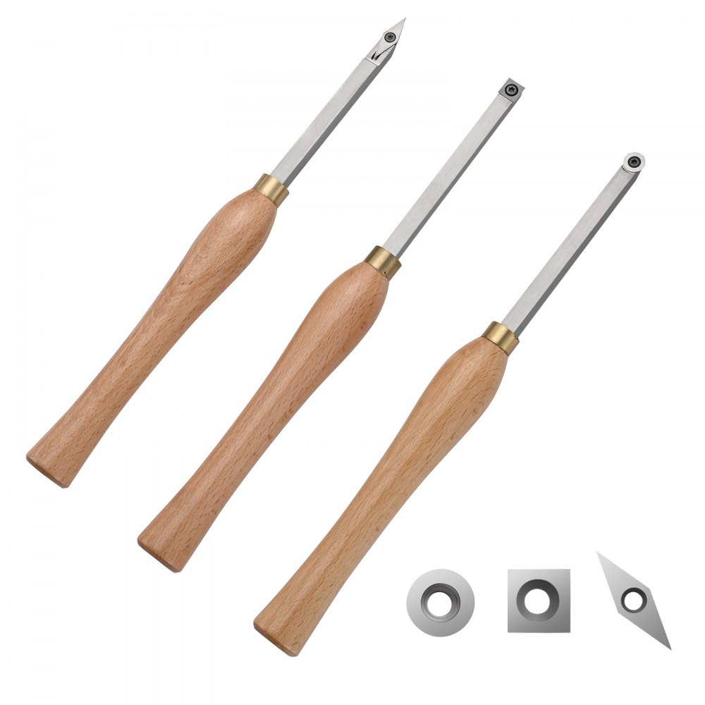 VEVOR Wood Lathe Chisel Set, 3 PCS Woodworking Turning Tools, Includes Square, Round, Diamond Carbide Blades, 7.87" Comfortable Grip Handles, Wood Chisel Set with Wooden Box For Turning Pens or Small - MBMGCD3JYTSFY1V1VV0
