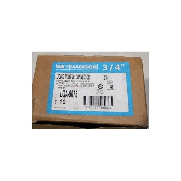 Madison Electric Conduit Fitting Connector, Liquid-Tight, Die Cast Zinc - LQA-9075