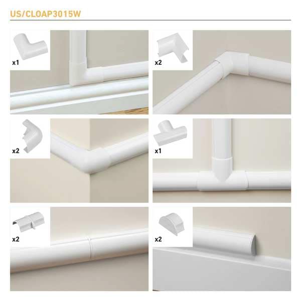 D-Line Accessory Multipack, 3 1/4 in L, 1 1/4 in W, 1 Channel, PVC, White - US/CLOAP3015W